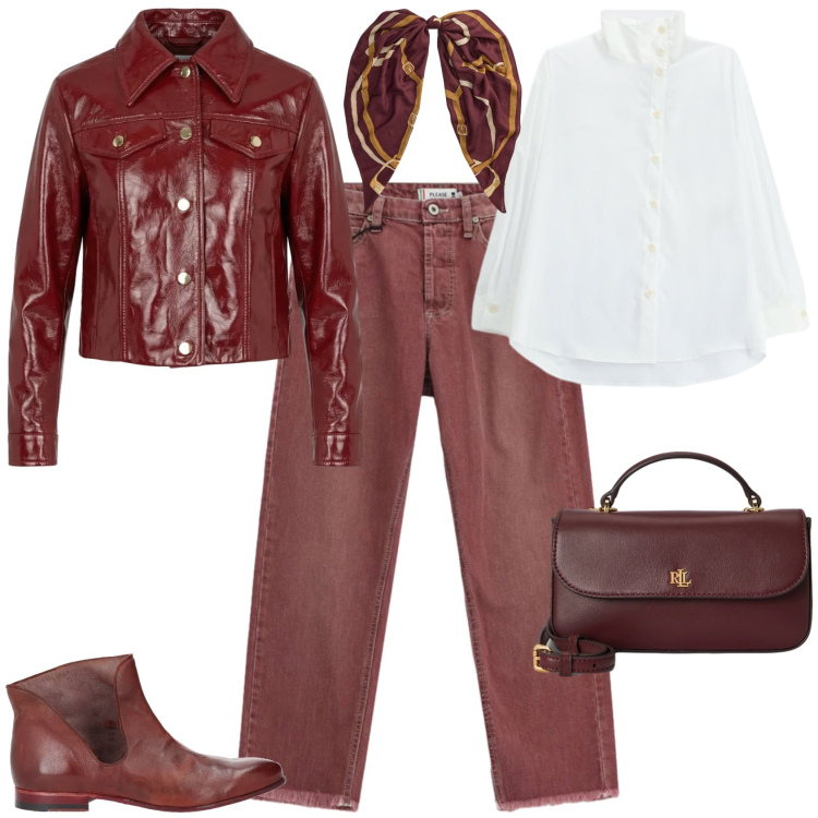 Outfit donna - Sporty chic serata con gli amici. Stile Sporty chic per Serata fuori. Abbinamento con stivaletti, giacche, jeans dritti, camicie, borse a mano, foulard.