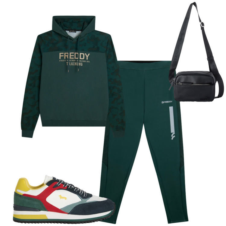 Outfit uomo - Freddy. Stile Casual per Tutti i giorni. Abbinamento con sneakers, borse sportive, pantaloni, felpe con cappuccio.