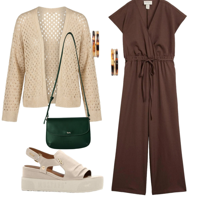 Outfit donna - Vacanze. Stile Casual chic per Tutti i giorni. Abbinamento con tute, sandali, borse a tracolla, cardigans, orecchini.
