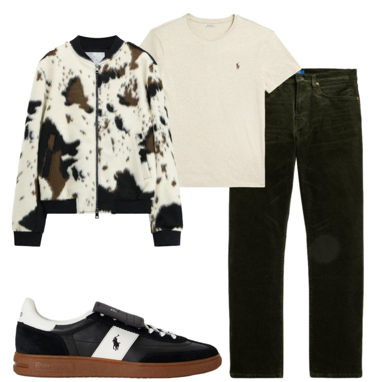 Outfit uomo - City. Stile Trendy per Tutti i giorni. Abbinamento con bomber, t-shirt, sneakers, pantaloni.