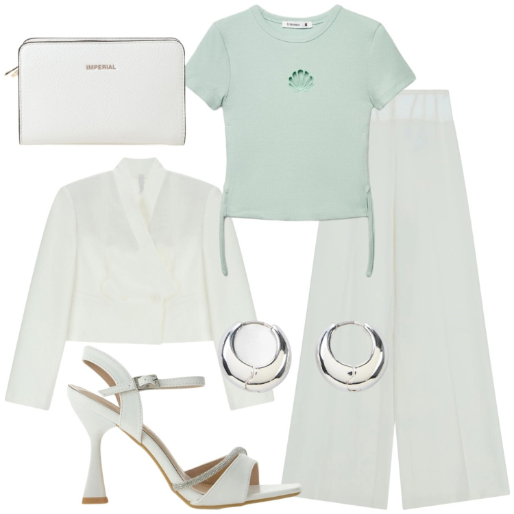 Outfit donna - Chic casual. Stile Casual chic per Tutti i giorni. Abbinamento con orecchini, t-shirt, pantaloni a palazzo, borse a tracolla, blazer, sandali gioiello.