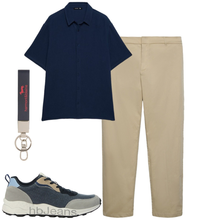 Outfit uomo - Sabbia e blu. Stile Casual per Tutti i giorni. Abbinamento con sneakers, portachiavi, pantaloni chino, camicie a manica corta.