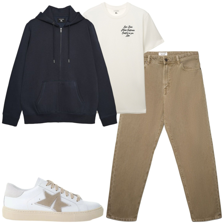 Outfit uomo - Baggie beige. Stile Casual per Tutti i giorni. Abbinamento con sneakers, jeans, t-shirt, felpe con cappuccio.