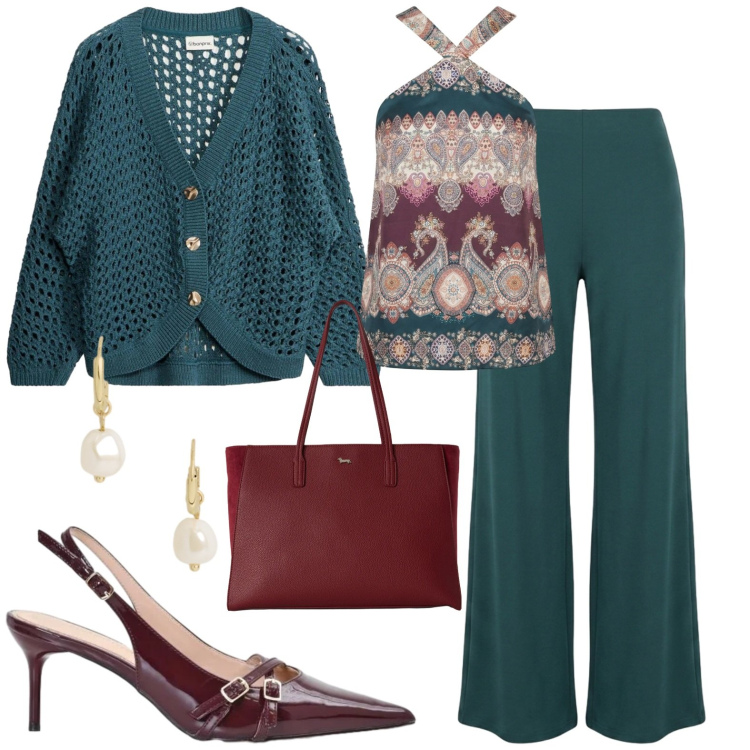 Outfit donna - Ufficio. Stile Casual chic per Ufficio. Abbinamento con cardigans, shopping bag, décolleté, pantaloni a palazzo, top, orecchini.