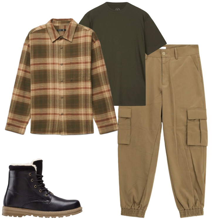 Outfit uomo - Fall. Stile Casual per Tutti i giorni. Abbinamento con stivali e stivaletti, pantaloni cargo, camicie, t-shirt.