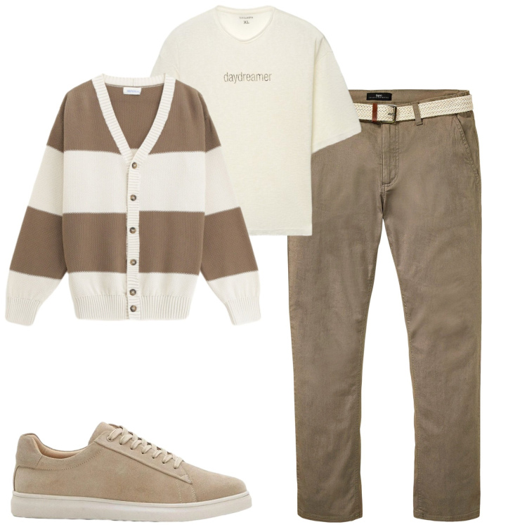 Outfit uomo - Fall. Stile Urban per Tutti i giorni. Abbinamento con pantaloni chino, sneakers, cardigans, t-shirt.