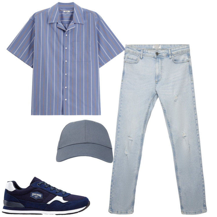 Outfit uomo - Total look #2458980. Stile Casual per Tutti i giorni. Abbinamento con sneakers, camicie a manica corta, cappelli con visiera, jeans strappati.