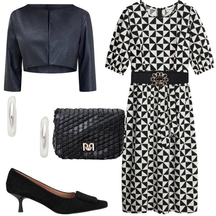 Outfit donna - Sempre elegante. Stile Chic per Tutti i giorni. Abbinamento con décolleté, vestiti midi/longuette, bolero, cinture, borse a tracolla, orecchini.