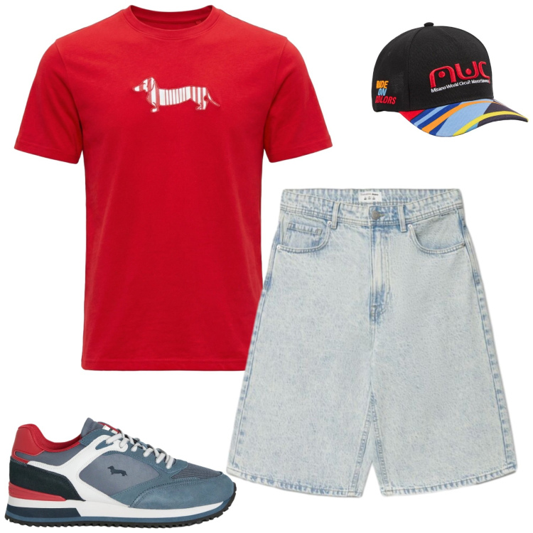 Outfit uomo - Agosto. Stile Casual per Tutti i giorni. Abbinamento con t-shirt, sneakers, cappelli con visiera, shorts.