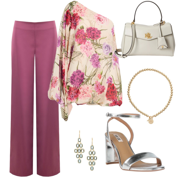 Outfit donna - Blusa mono spalla. Stile Casual chic per Serata fuori. Abbinamento con top, sandali in pelle, pantaloni a palazzo, collane, borse a mano, orecchini.