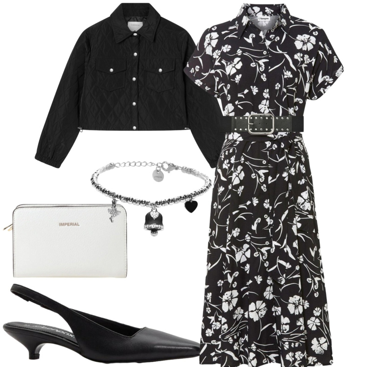 Outfit donna - Casual chic. Stile Casual chic per Tutti i giorni. Abbinamento con vestiti, décolleté, giacche, cinture, braccialetti, borse a tracolla.