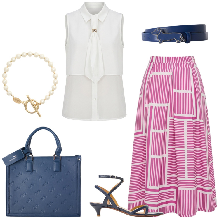 Outfit donna - Total look #2458993. Stile Bon Ton per Ufficio. Abbinamento con gonne lunghe, borse a mano, cinture, camicie a manica corta, braccialetti, sandali col tacco.