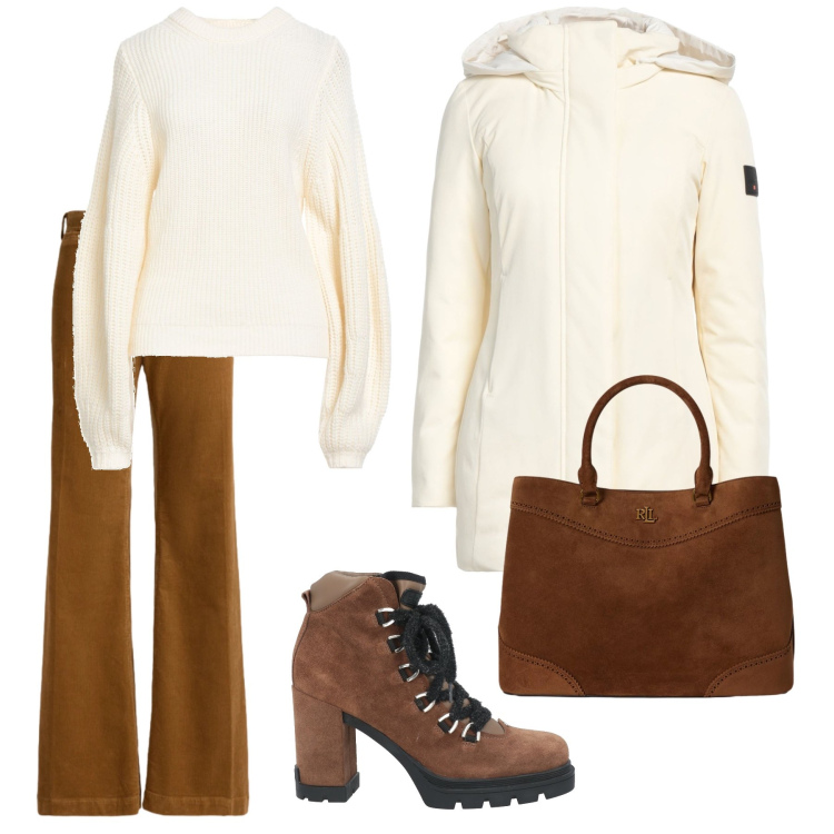 Outfit donna - Bianco e marrone. Stile Casual chic per Tutti i giorni. Abbinamento con parka, stivaletti, pullovers, borse a mano, pantaloni.