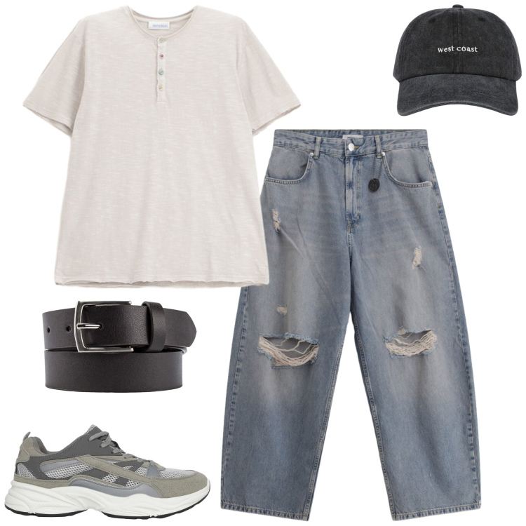 Outfit uomo - Total look #2459005. Stile Casual per Tutti i giorni. Abbinamento con jeans strappati, t-shirt, cappelli con visiera, sneakers, cinture.