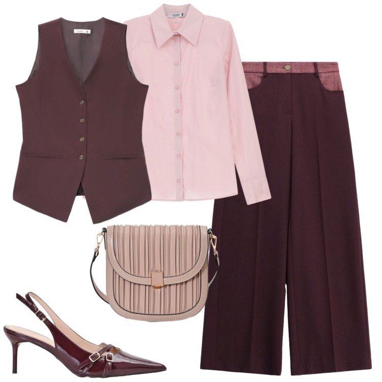 Outfit donna - Total look #2459008. Stile Trendy per Tutti i giorni. Abbinamento con pantaloni a palazzo, gilet, borse a tracolla, décolleté, camicie.