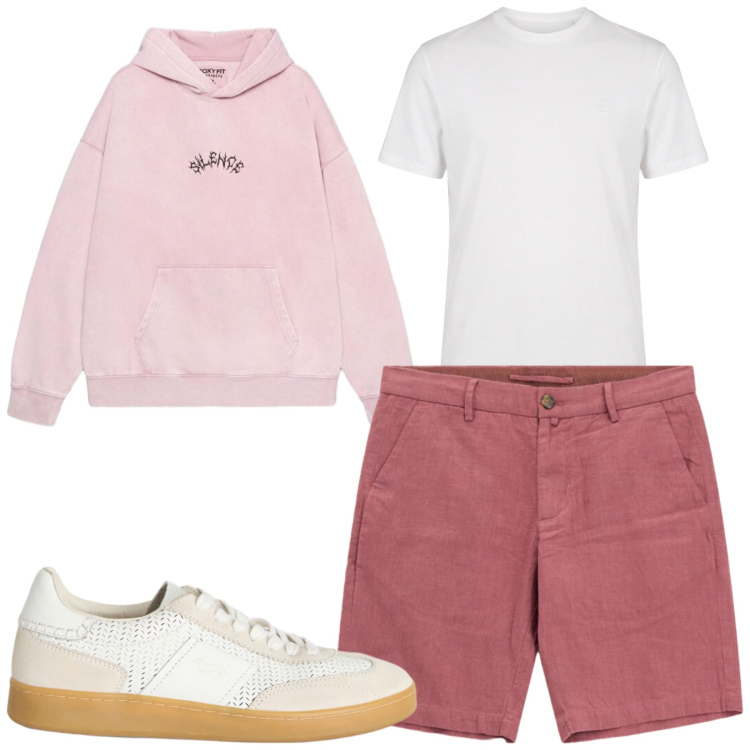 Outfit uomo - Agosto. Stile Casual per Tutti i giorni. Abbinamento con sneakers, t-shirt, bermuda, felpe con cappuccio.