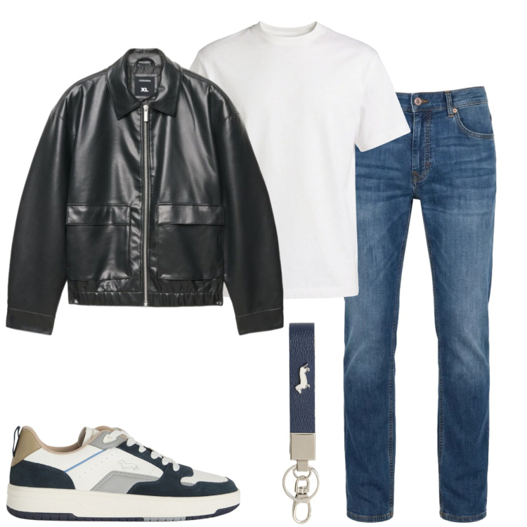 Outfit uomo - City. Stile Casual per Tutti i giorni. Abbinamento con t-shirt, jeans, sneakers, portachiavi, giacche.