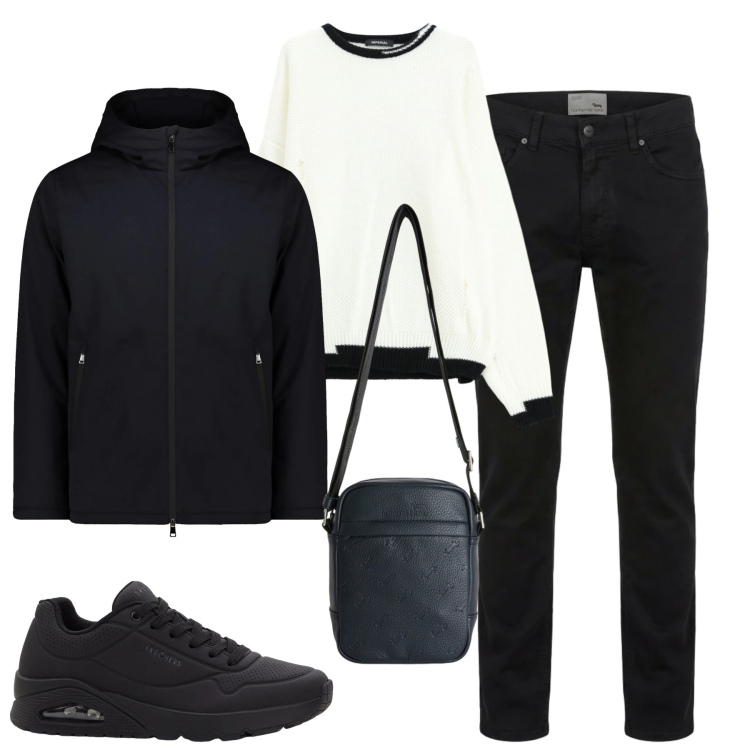 Outfit uomo - Fall. Stile Casual per Tutti i giorni. Abbinamento con sneakers, borse sportive, pantaloni, maglieria, parka.