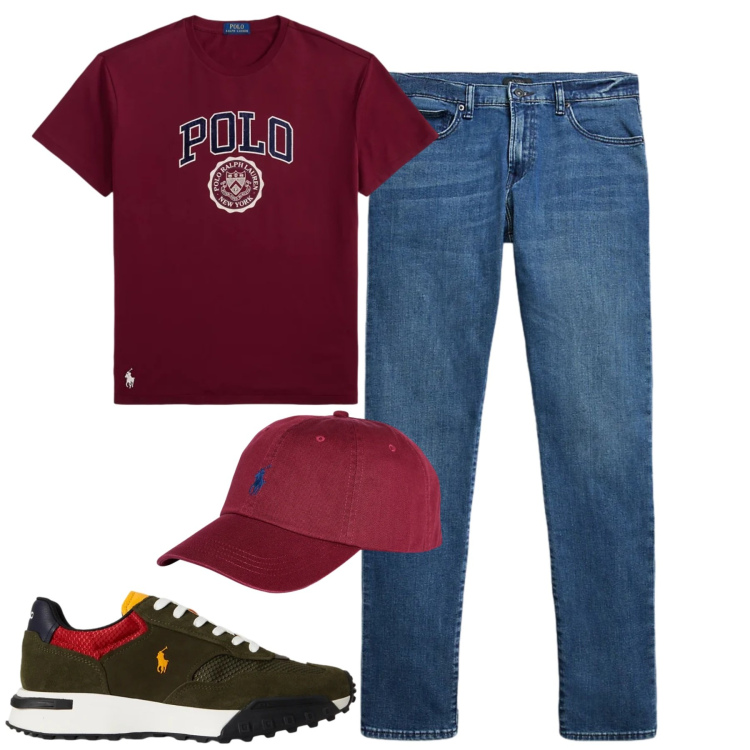 Outfit uomo - City. Stile Casual per Tutti i giorni. Abbinamento con jeans, cappelli con visiera, t-shirt, sneakers.