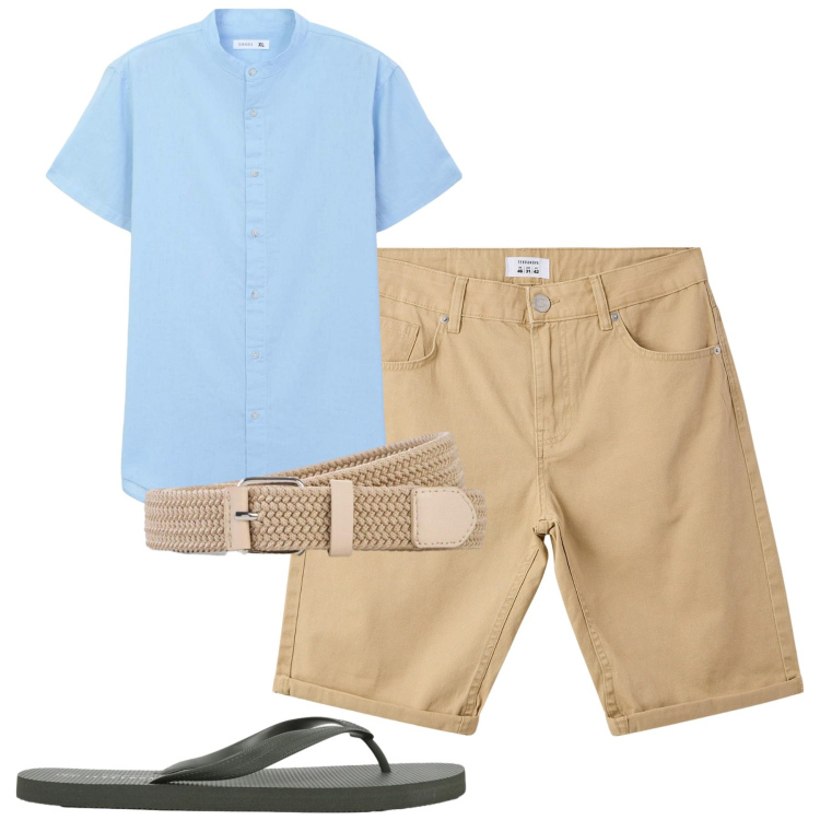 Outfit uomo - Agosto. Stile Casual per Tutti i giorni. Abbinamento con cinture, camicie a manica corta, bermuda, sandali.