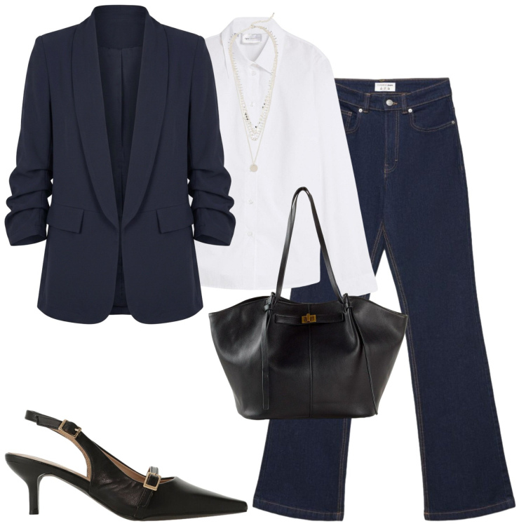 Outfit donna - City. Stile Casual chic per Tutti i giorni. Abbinamento con camicie, shopping bag, collane, sandali col tacco, jeans bootcut, blazer.