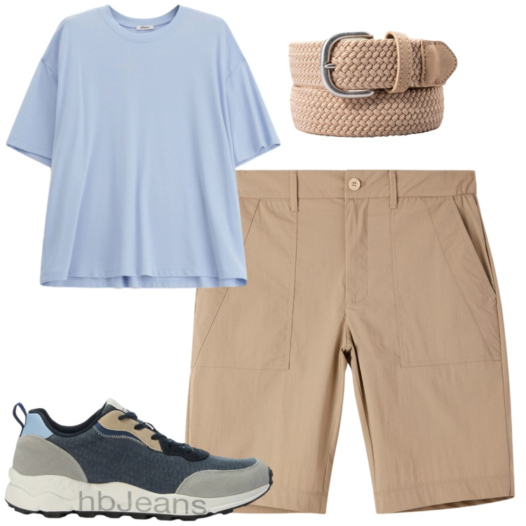 Outfit uomo - Agosto. Stile Casual per Tutti i giorni. Abbinamento con sneakers, t-shirt, pantaloni corti, cinture.