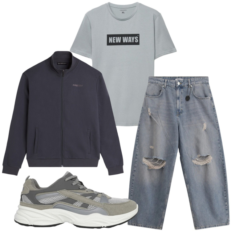 Outfit uomo - Total look #2459035. Stile Casual per Tutti i giorni. Abbinamento con jeans strappati, sneakers, t-shirt, felpe.