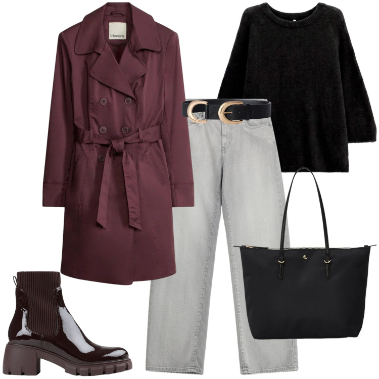 Outfit donna - Fall. Stile Trendy per Tutti i giorni. Abbinamento con stivaletti, trench, maglieria, cinture, jeans, borse tote.