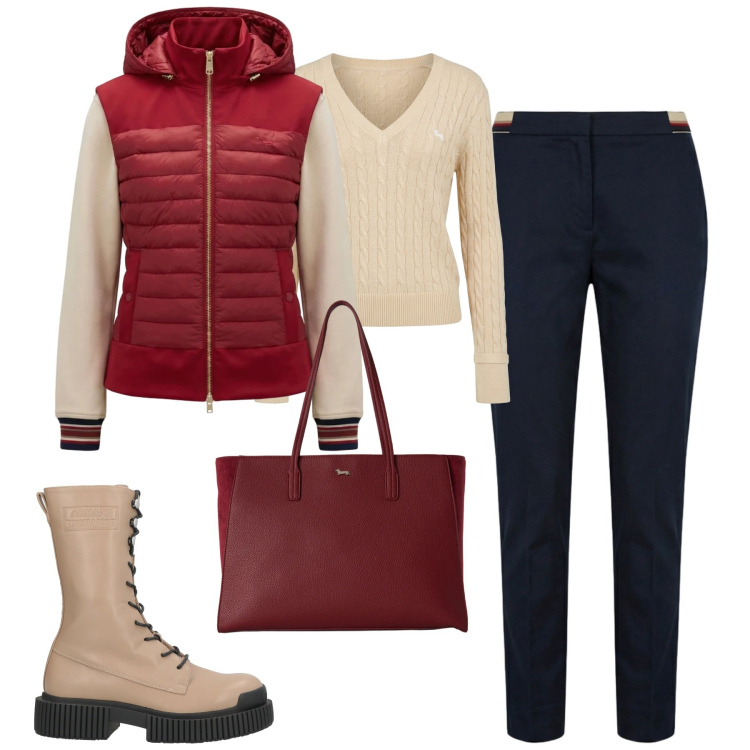 Outfit donna - Fall. Stile Casual chic per Tutti i giorni. Abbinamento con stivaletti, piumini, pantaloni chino, pullovers, shopping bag.