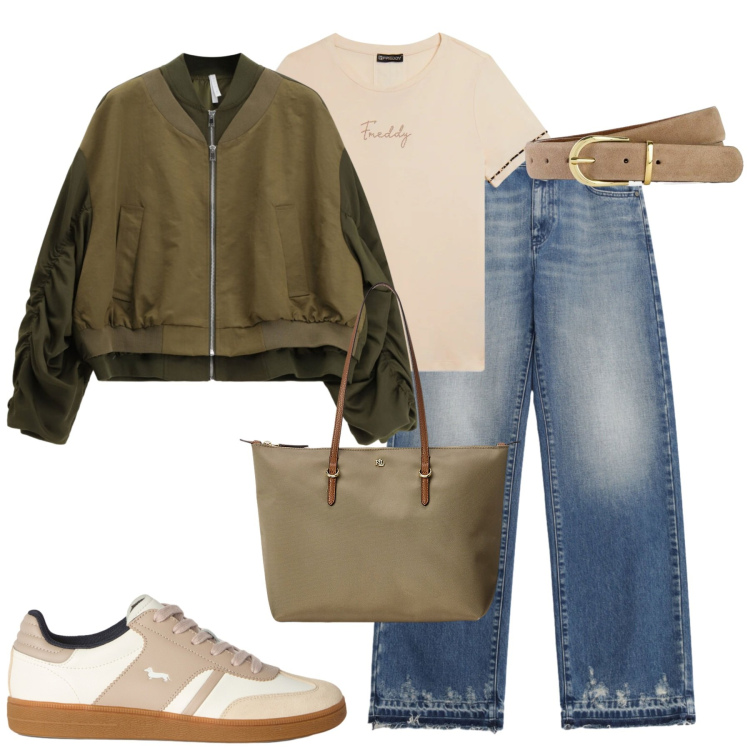 Outfit donna - City. Stile Casual chic per Tutti i giorni. Abbinamento con cinture, sneakers, bomber, jeans, t-shirt, borse tote.