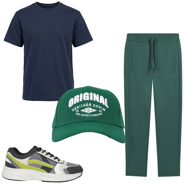 Outfit uomo - Total look #2459052. Stile Casual per Sport. Abbinamento con t-shirt, sneakers, cappelli con visiera, pantaloni.