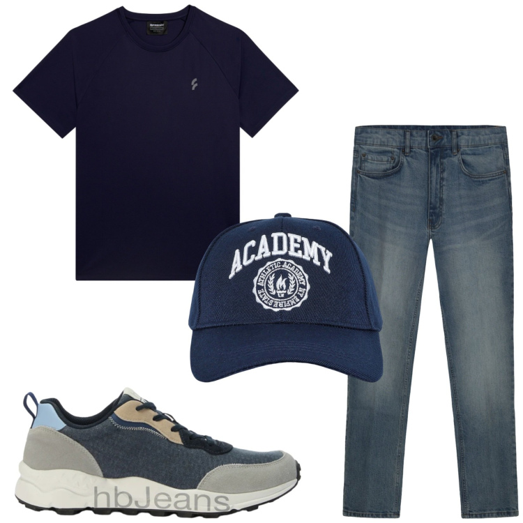 Outfit uomo - Total look #2459055. Stile Casual per Tutti i giorni. Abbinamento con sneakers, cappelli con visiera, jeans, t-shirt.