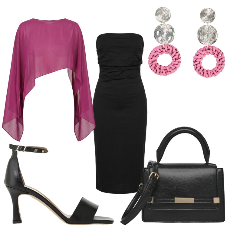Outfit donna - Evento di fine agosto. Stile Glamour per Cerimonia. Abbinamento con orecchini, sandali col tacco, borse a spalla, vestiti midi/longuette, top.