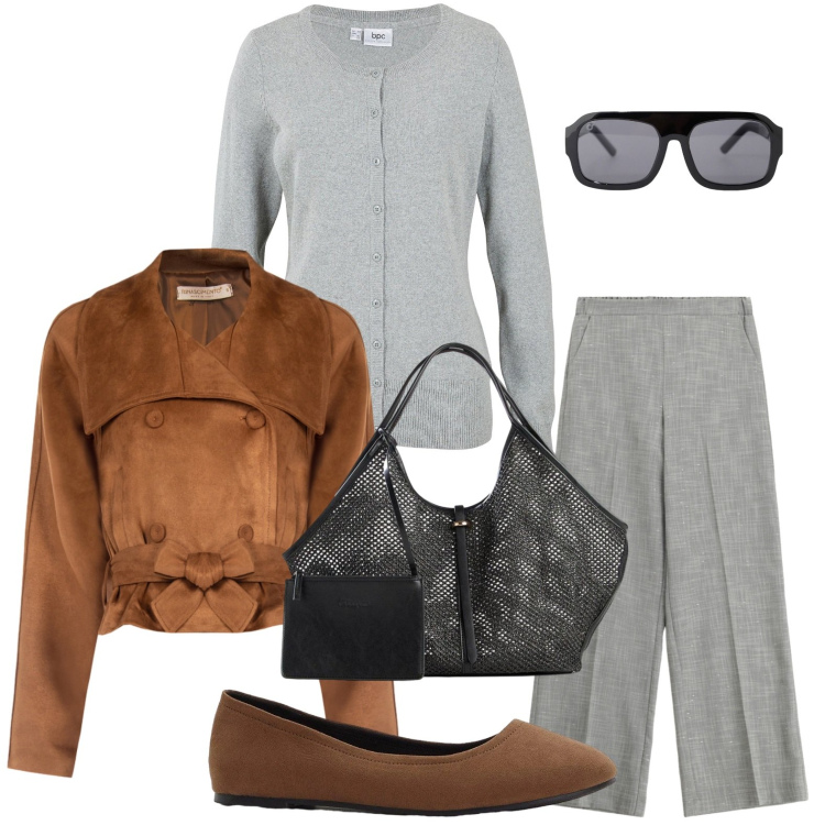 Outfit donna - Giacca doppiopetto. Stile Basic per Tutti i giorni. Abbinamento con cardigans, ballerine, shopping bag, occhiali da sole, pantaloni a palazzo, giacche.