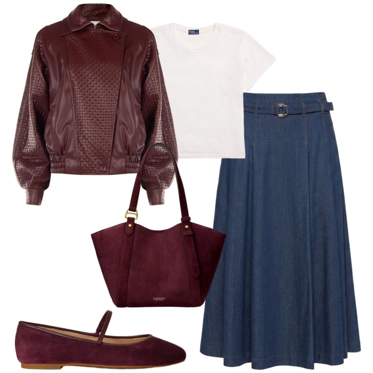 Outfit donna - City. Stile Trendy per Tutti i giorni. Abbinamento con gonne longuette, giacche, ballerine, t-shirt, borse tote.
