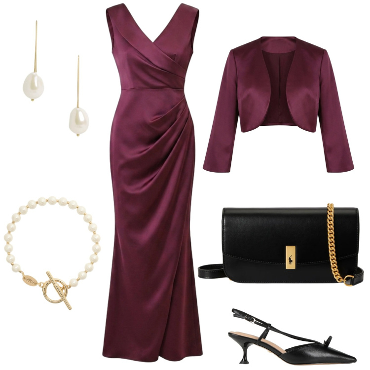 Outfit donna - L\'abito lungo a sirena. Stile Glamour per Cerimonia. Abbinamento con décolleté, vestiti lunghi, bolero, clutch, orecchini, braccialetti.