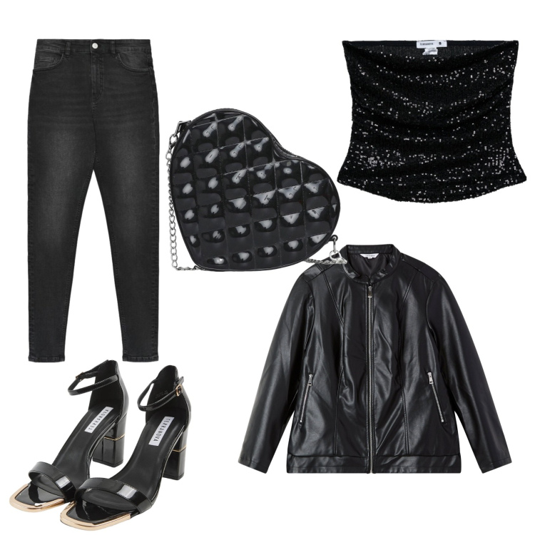 Outfit donna - Night Out Glam: Paillettes & Pelle. Stile Glamour per Serata fuori. Abbinamento con sabot, borse a tracolla, top, jeans skinny, giacche.