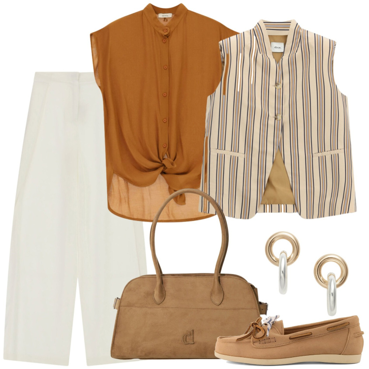 Outfit donna - Fluida perfezione. Stile Casual chic per Ufficio. Abbinamento con camicie a manica corta, gilet, pantaloni a palazzo, borse a spalla, orecchini, mocassini.