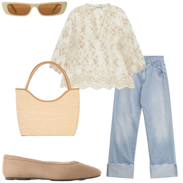 Outfit donna - Fine agosto. Stile Casual chic per Ufficio. Abbinamento con shopping bag, ballerine, occhiali da sole, jeans dritti, bluse.