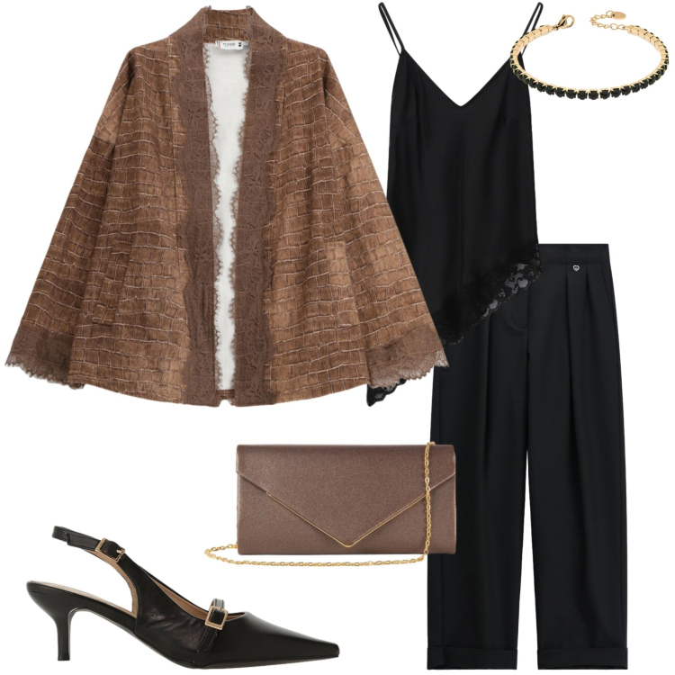 Outfit donna - Serata di fine estate. Stile Casual chic per Serata fuori. Abbinamento con sandali col tacco, clutch, pantaloni, cappotti, top, braccialetti.