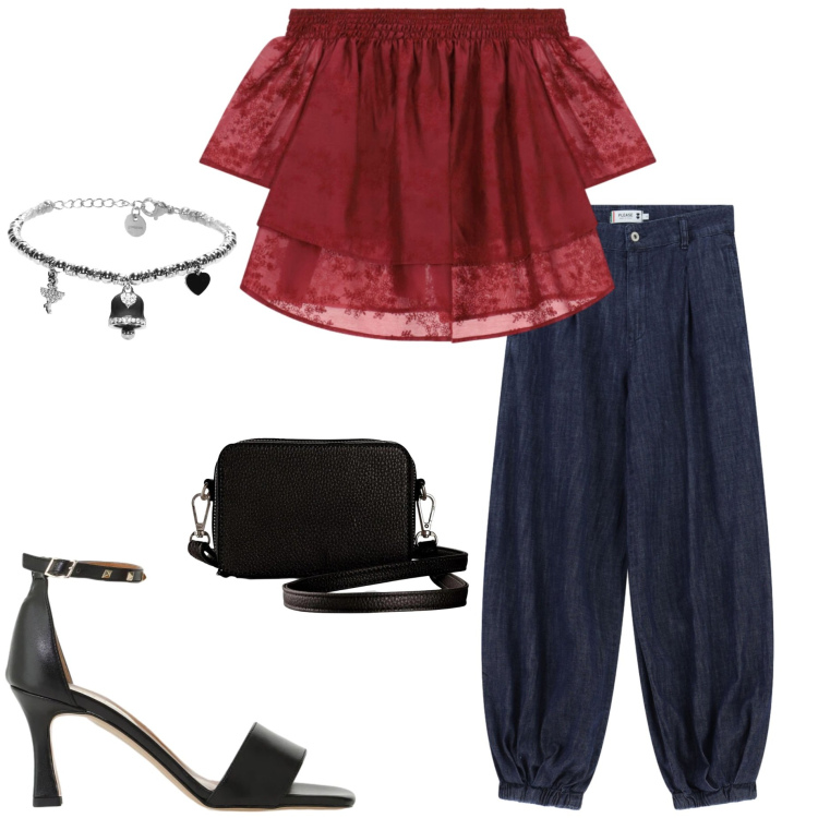 Outfit donna - Con le amiche. Stile Casual chic per Serata fuori. Abbinamento con borse a tracolla, sandali col tacco, jeans, bluse, braccialetti.