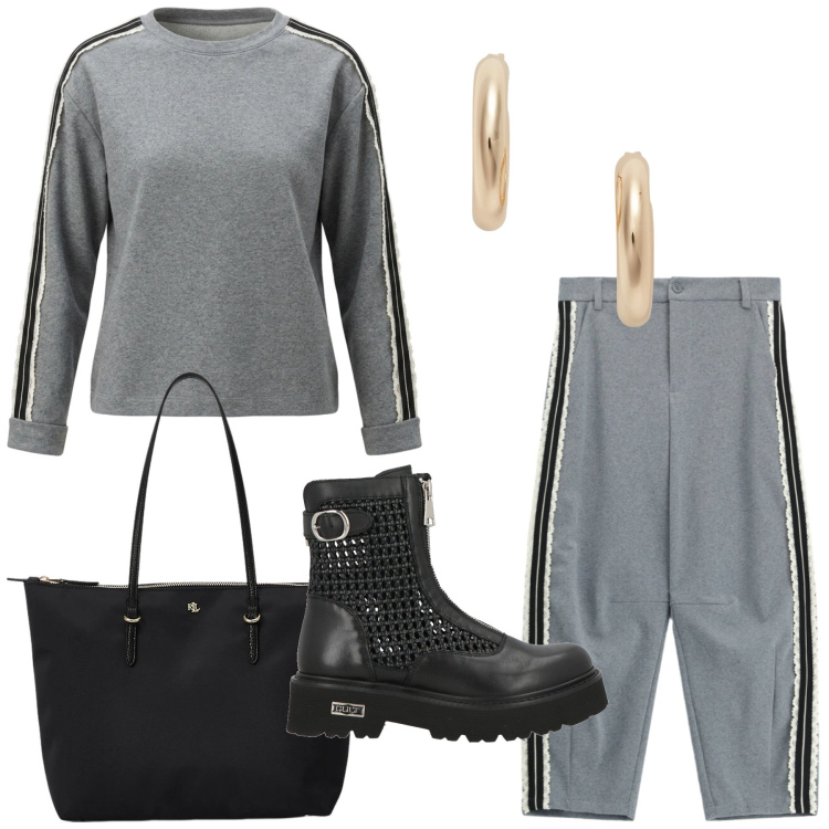 Outfit donna - Total look #2459163. Stile Urban per Tutti i giorni. Abbinamento con stivaletti, pantaloni, felpe, borse tote, orecchini.