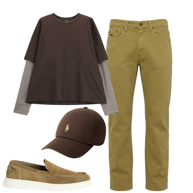 Outfit uomo - City. Stile Casual per Tutti i giorni. Abbinamento con scarpe stringate, jeans, t-shirt, cappelli con visiera.