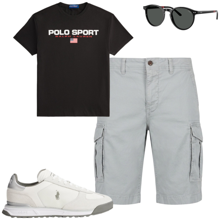 Outfit uomo - Agosto. Stile Casual per Tutti i giorni. Abbinamento con bermuda, sneakers, occhiali da sole, t-shirt.