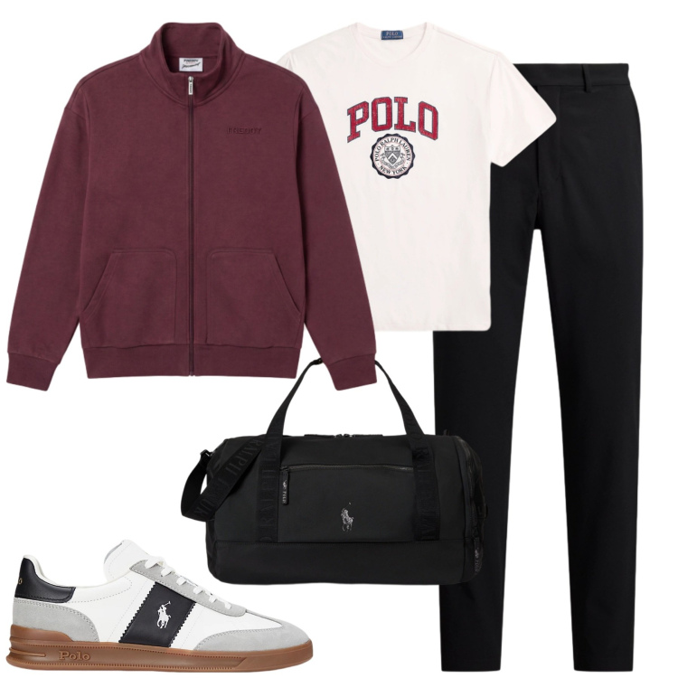 Outfit uomo - Sabato sportivo. Stile Casual per Sport. Abbinamento con felpe, sneakers, pantaloni, t-shirt, borse sportive.