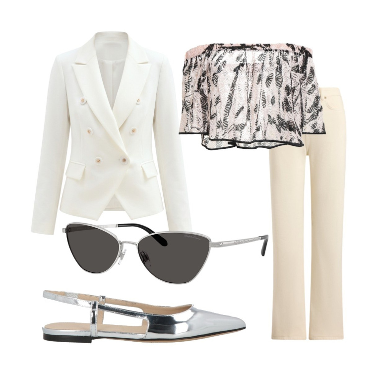 Outfit donna - Evento speciale. Stile Mannish per Cerimonia. Abbinamento con ballerine, top, blazer, jeans dritti, occhiali da sole.