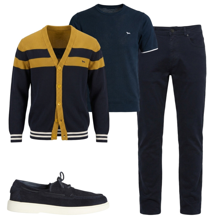 Outfit uomo - Il cardigan harmont & Blaine. Stile Trendy per Tutti i giorni. Abbinamento con scarpe stringate, t-shirt, pantaloni, cardigans.