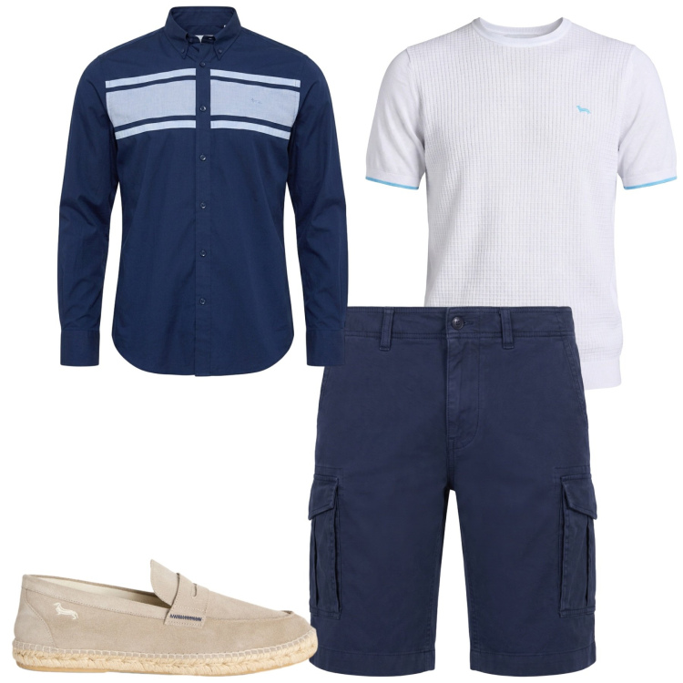 Outfit uomo - Agosto. Stile Casual per Tutti i giorni. Abbinamento con t-shirt, espadrillas, camicie, bermuda.