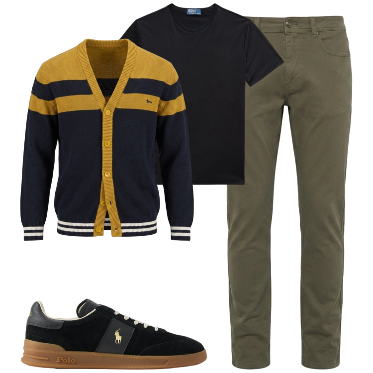 Outfit uomo - Fall. Stile Trendy per Tutti i giorni. Abbinamento con pantaloni, cardigans, sneakers, t-shirt.
