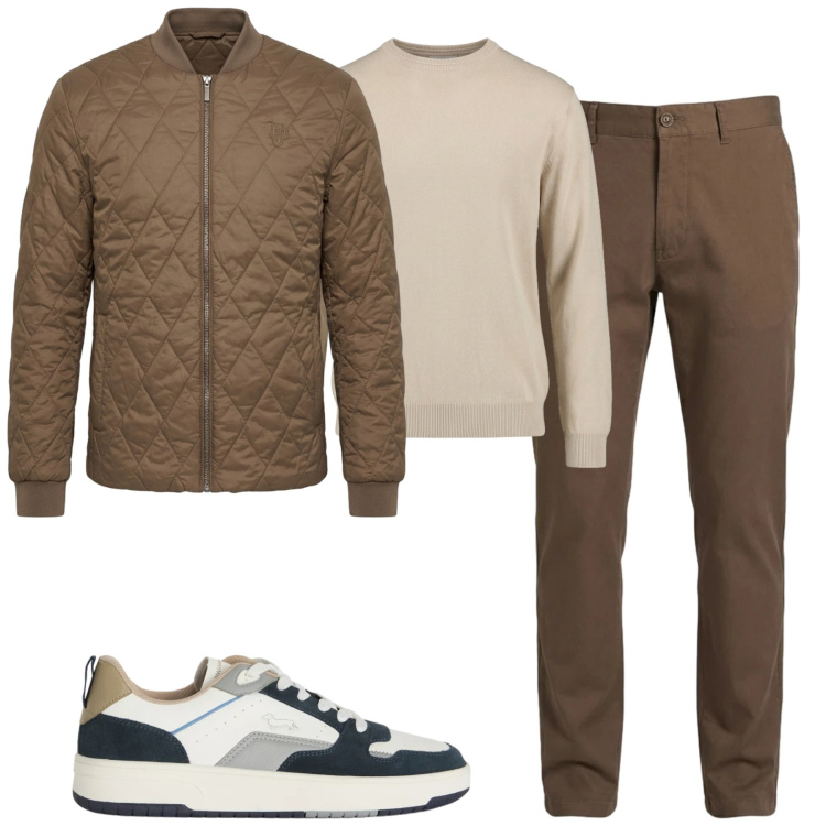 Outfit uomo - Fall. Stile Casual per Tutti i giorni. Abbinamento con pantaloni, piumini, maglieria, sneakers.